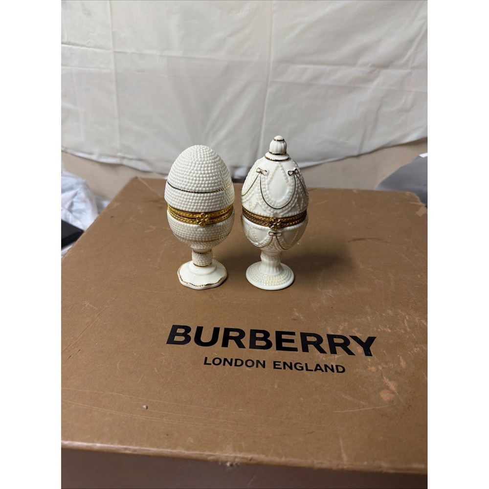 Ivory Elegance Fabergé-Style Hinged Egg Trinket Boxes Set of 2‎ Gold Trim